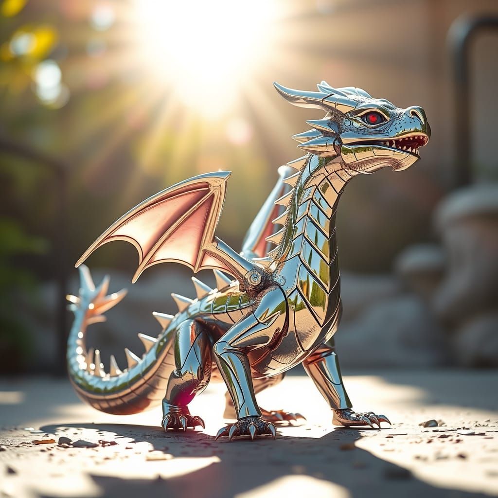 Futuristic Chrome Dragon Basks in Sunlight