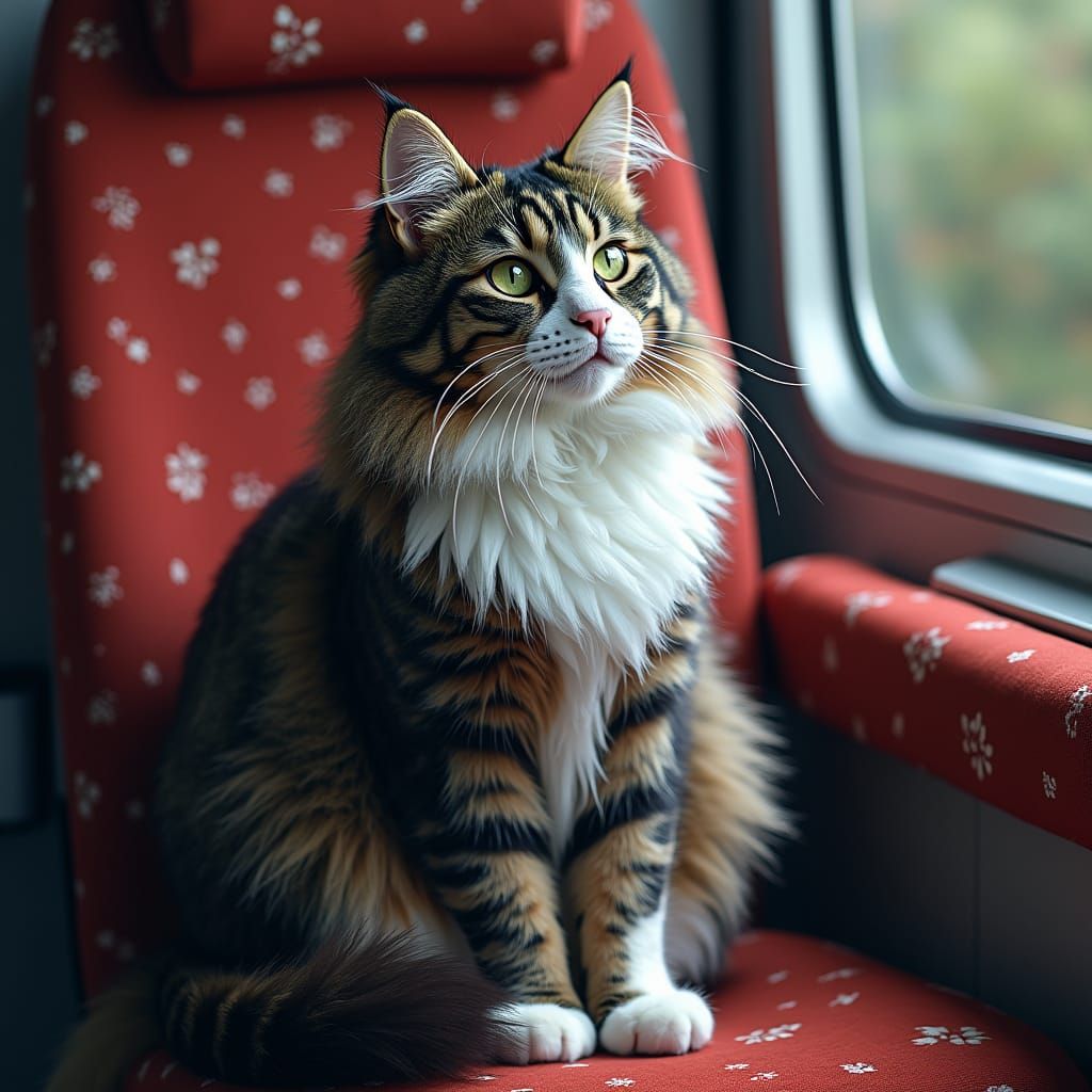 Hyperrealistic Angora Cat with White Markings on Couch