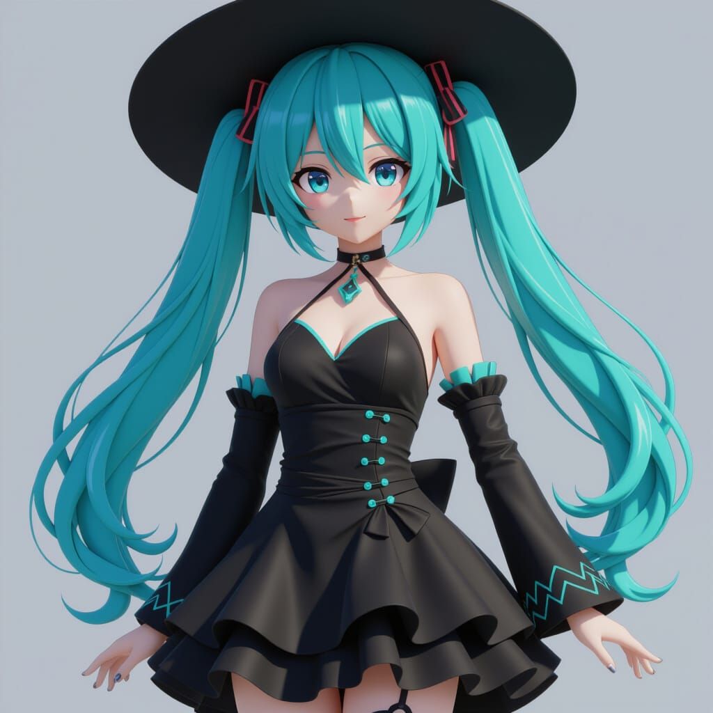 Hatsune Miku in a Detailed Black Dress