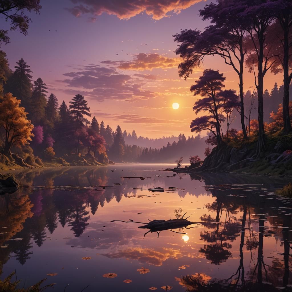 Serene Lake Under a Vibrant Sunset: Digital Painting