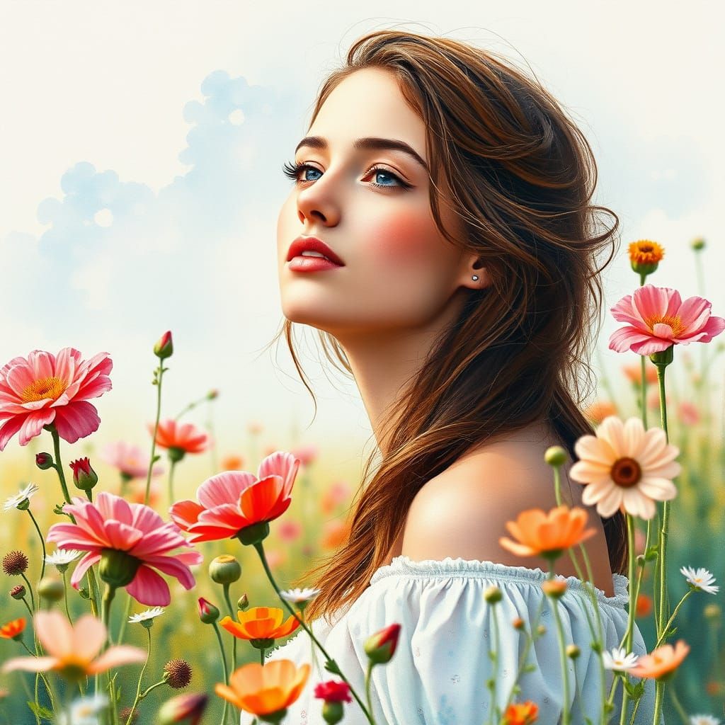 Vibrant Impressionist Masterpiece of a Young Woman in a Flow...