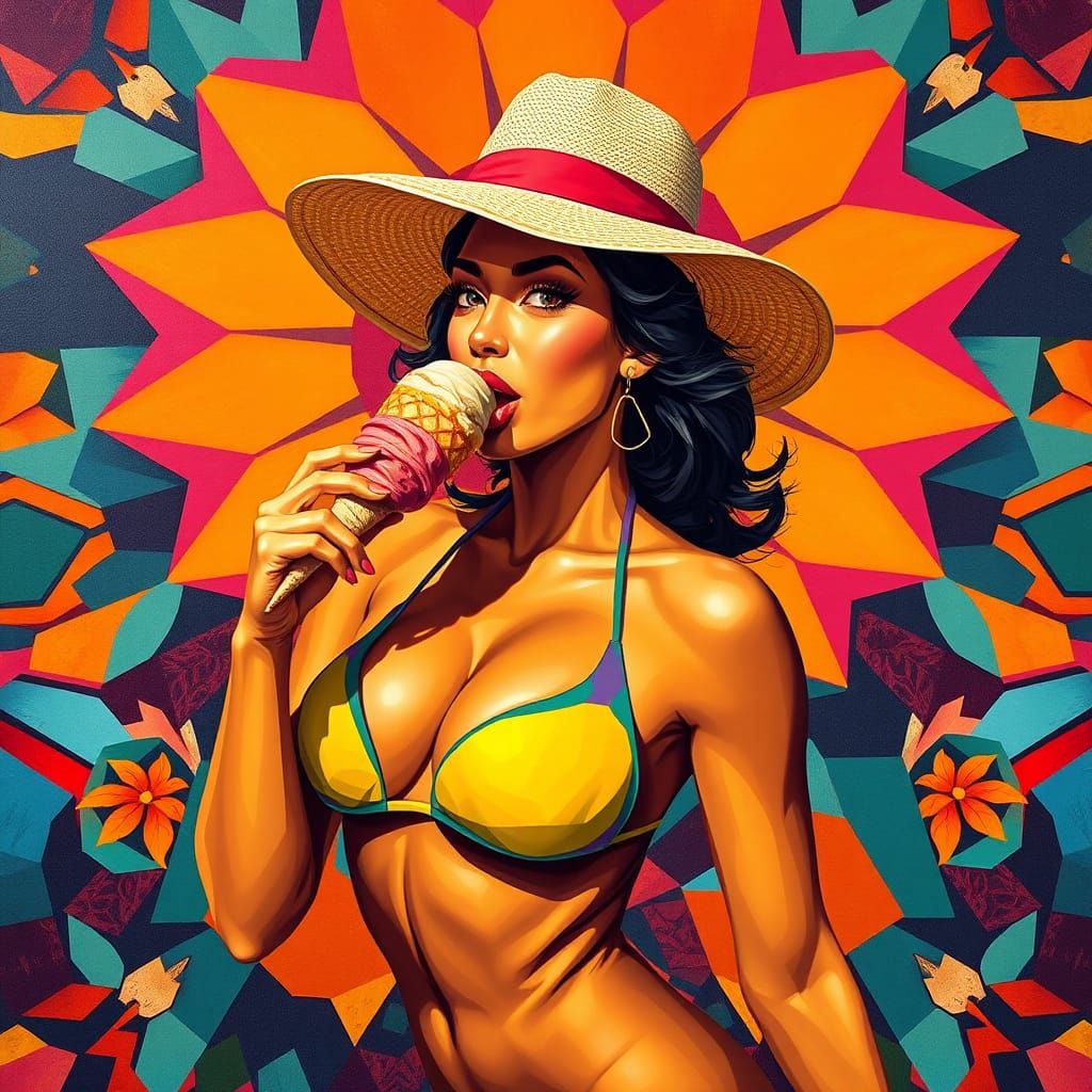 Neo-Cubist Woman Licking Ice Cream in Art Deco Style