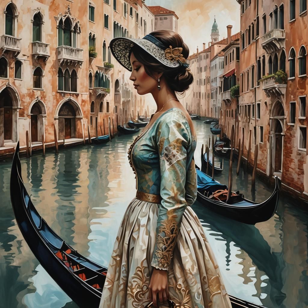 Venetian Dreamscape: Woman's Profile in a Fantasy Illustrati...