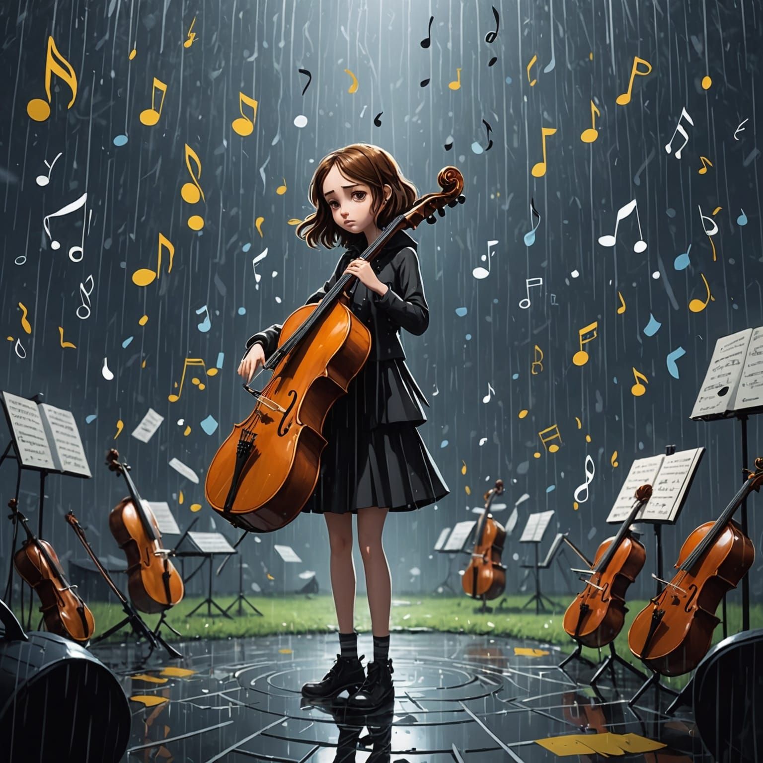 Sad Girl in Rainy Cello Circle: Tim Burton Anime Style