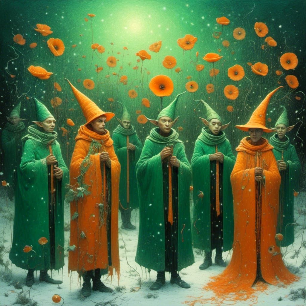 Frosty Flourish: Enchanting Orange Poppies and Whimsical Winter Elves