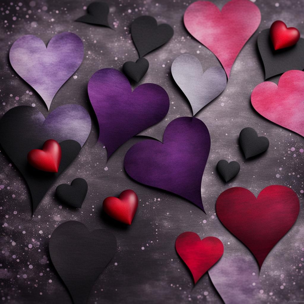 Black, red, purple  and pink hearts on top of a  grey pinstripe background scrapbooking paper, 3D, bokeh, gothic, romant...