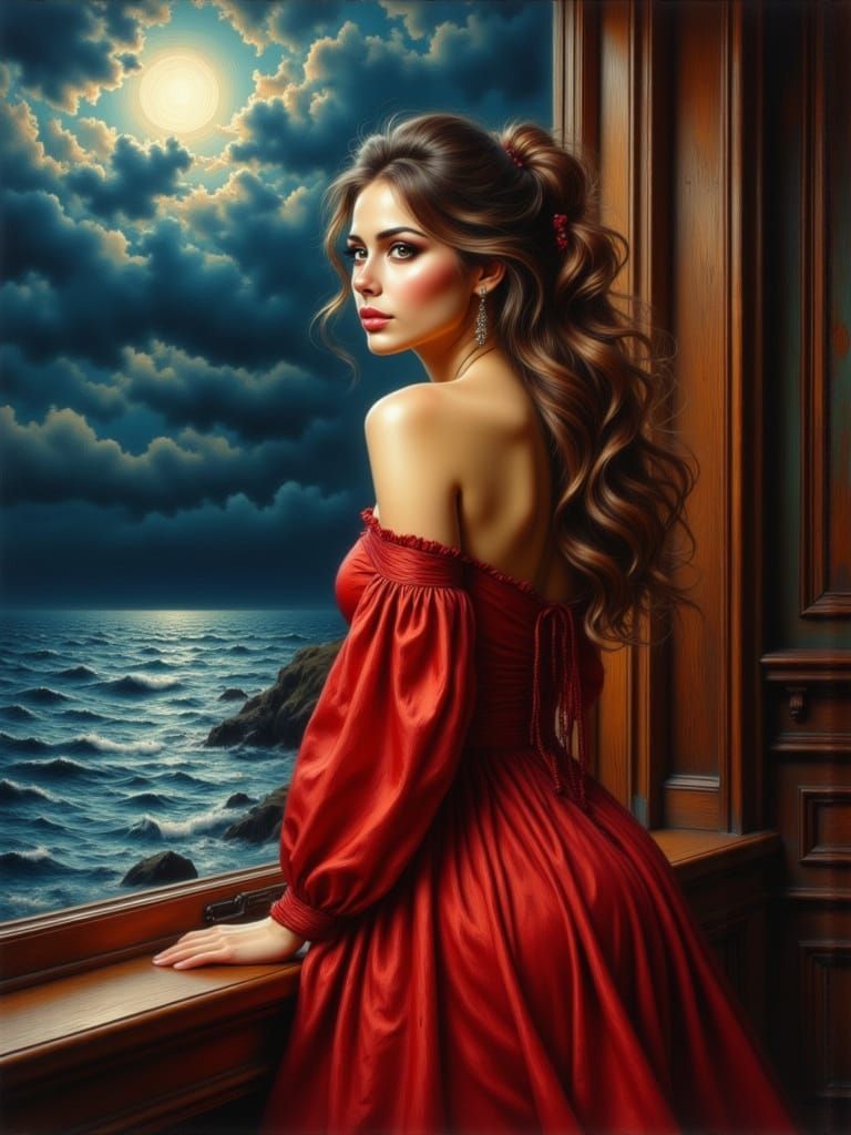 Woman in Red Nightgown Gazes at Stormy Sea