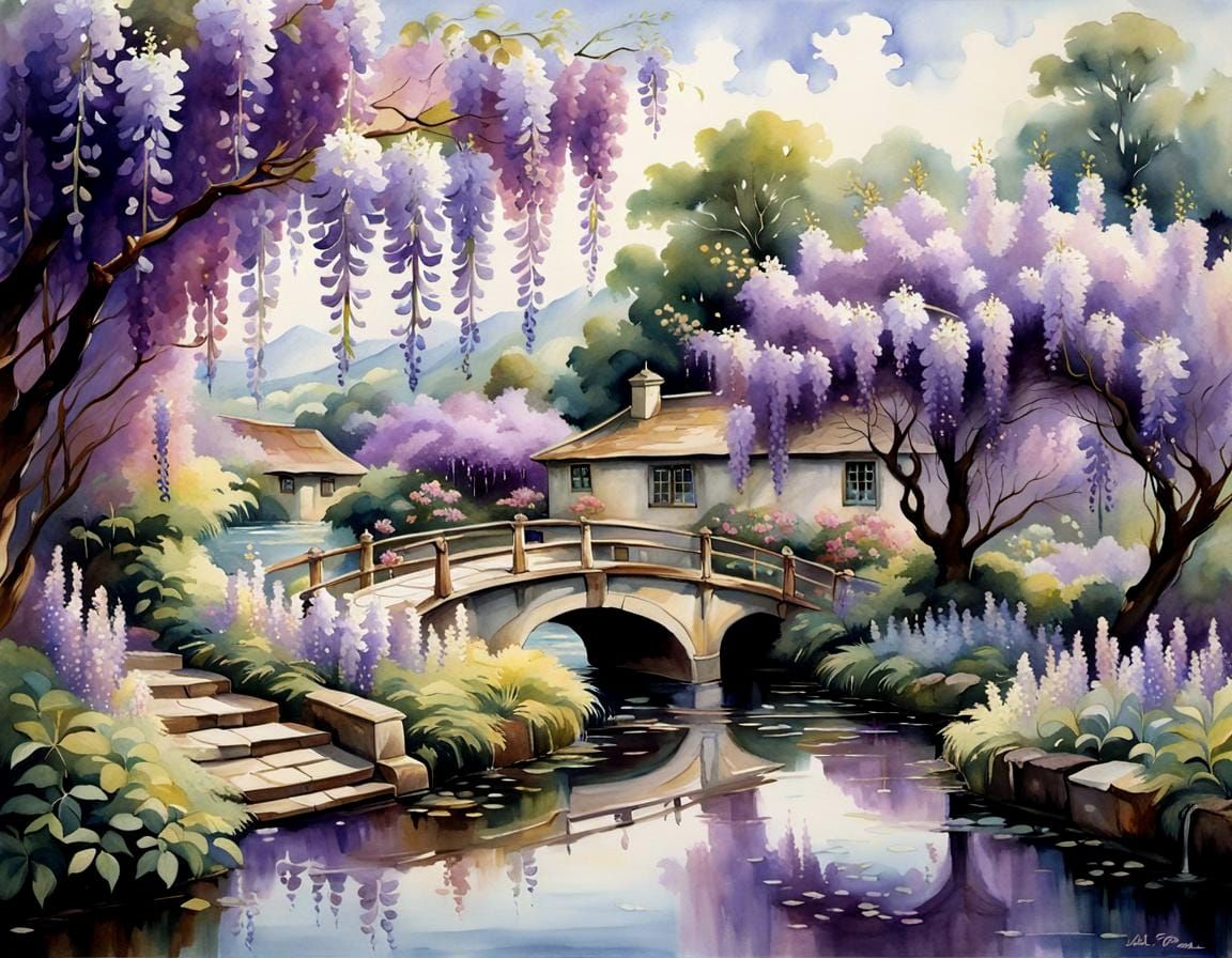 Wisteria Park in Full Bloom, Watercolor Style