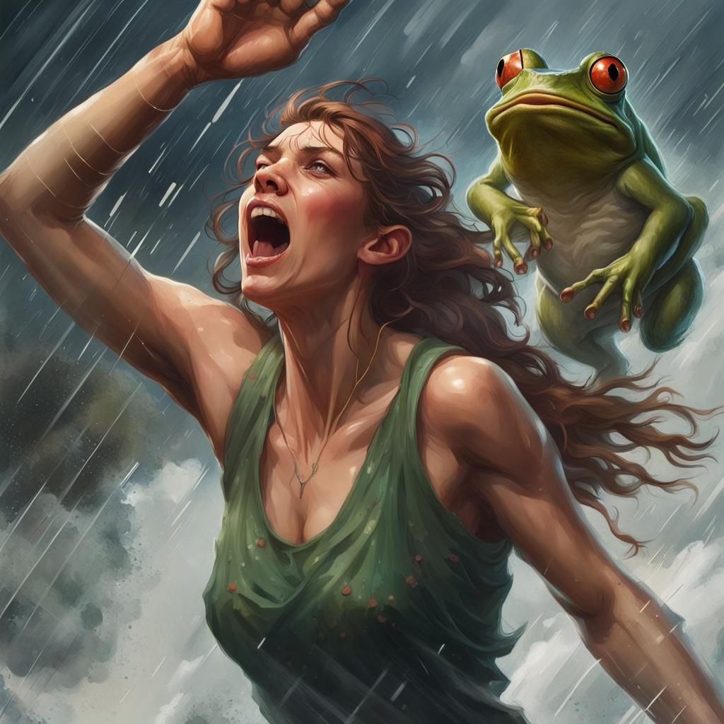 Woman Shouting as Frogs Leap, Digital Art
