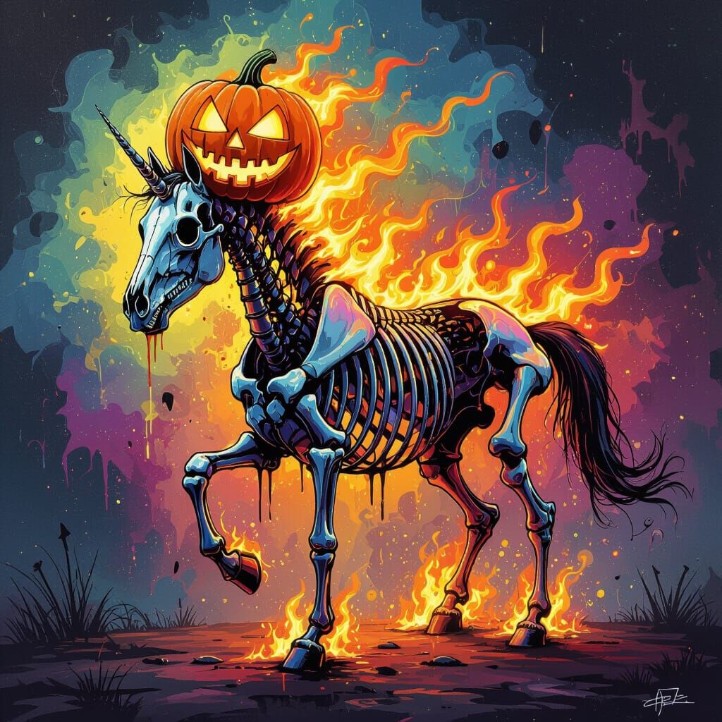 Skeletal Horse Ablaze with Fiery Jack-o'-Lantern Skull in Gr...