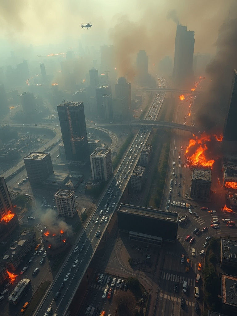 Burning Cyberpunk City Evacuation in Dystopian Future