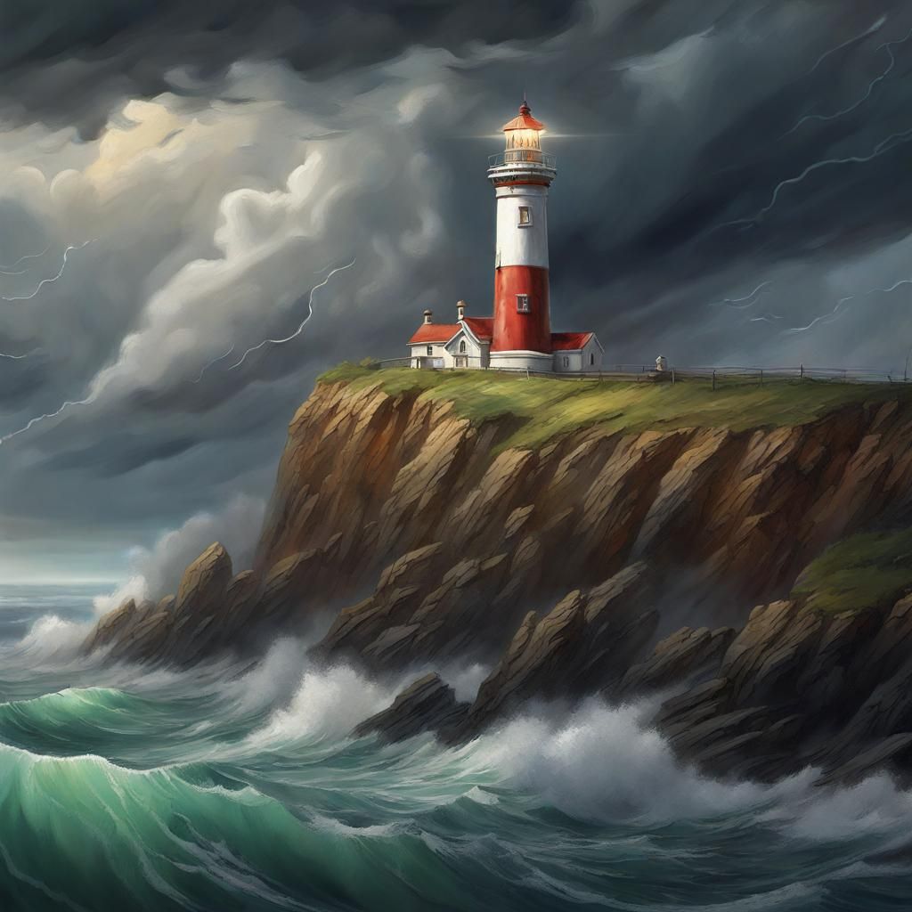 painting of a lighthouse on a cliff with a stormy sky, 4k hi...