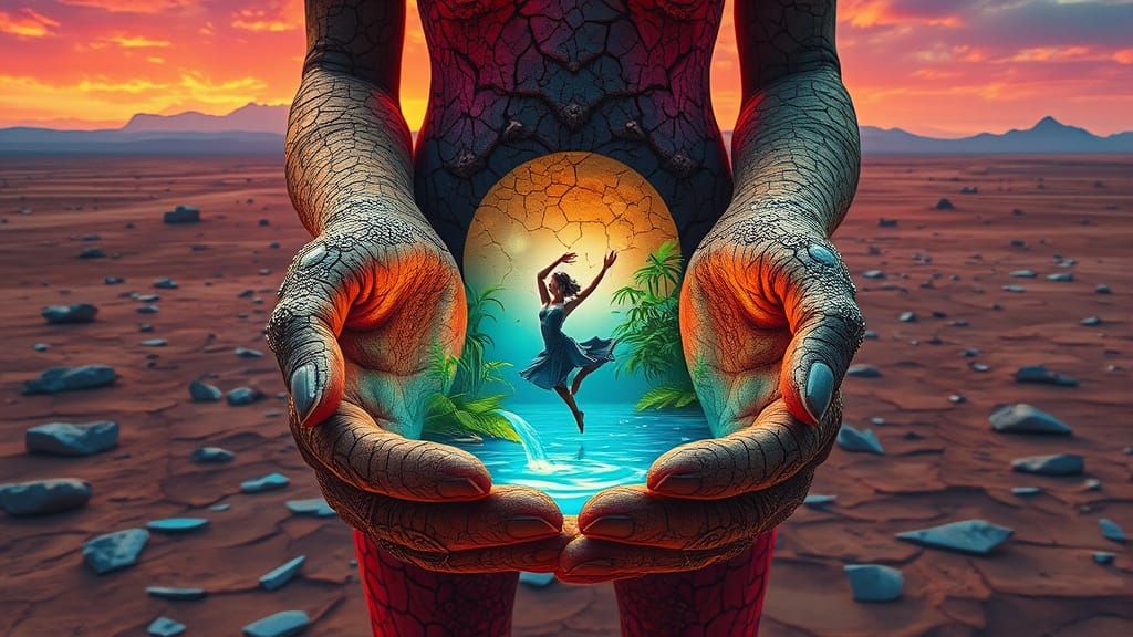 Parched Earth Figure Holds Bioluminescent Oasis, Surreal Col...