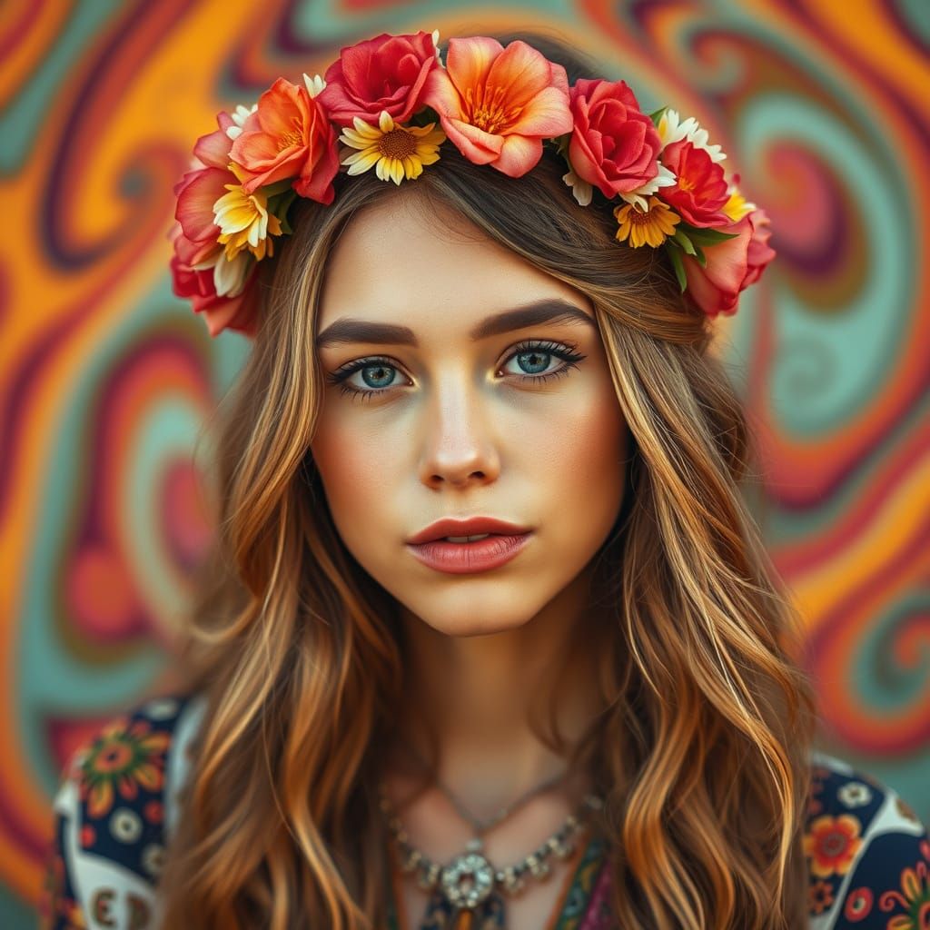 Stunning Woman with Flower Crown in Psychedelic Style