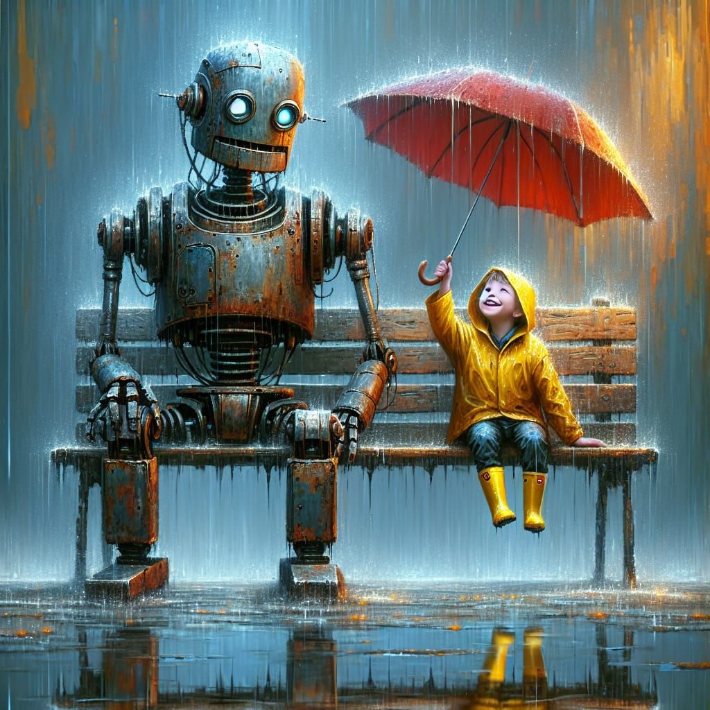 Robot and Boy in Rainy Day Digital Painting