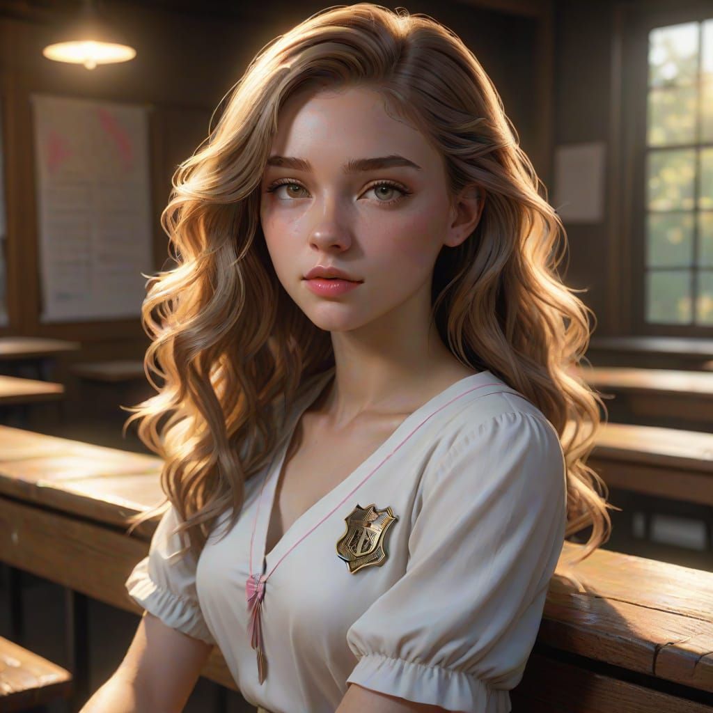 Hyper-Detailed Schoolgirl Portrait in Warm, Golden Light
