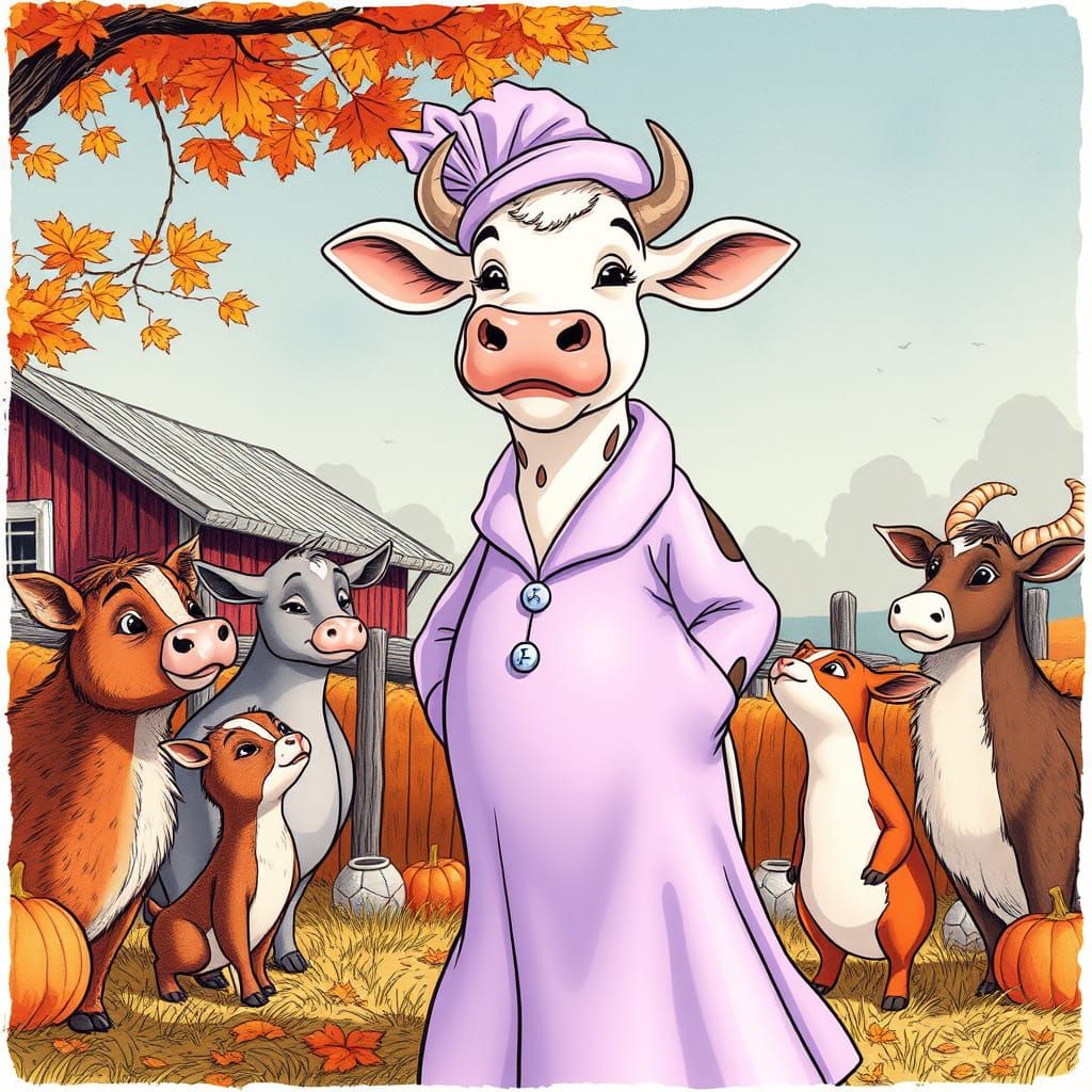 Anthropomorphic Cow in Haute Couture on Autumn Farm