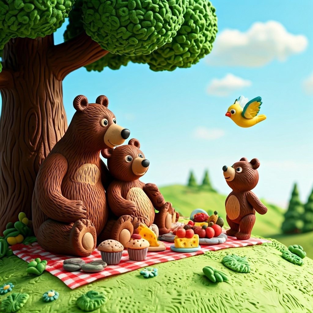Claymation Bear Picnic on Sunny Hillside