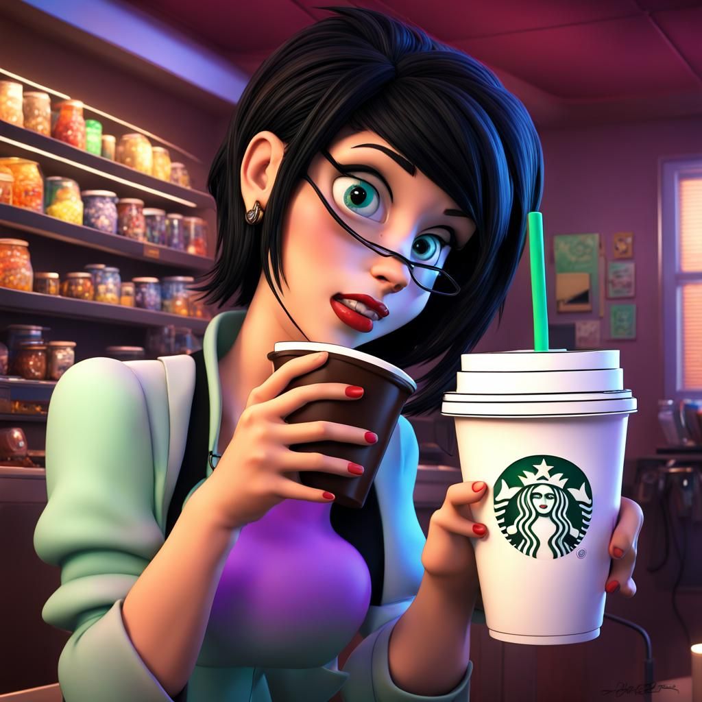 Girl drinking oversized Starbucks chocolate cup.