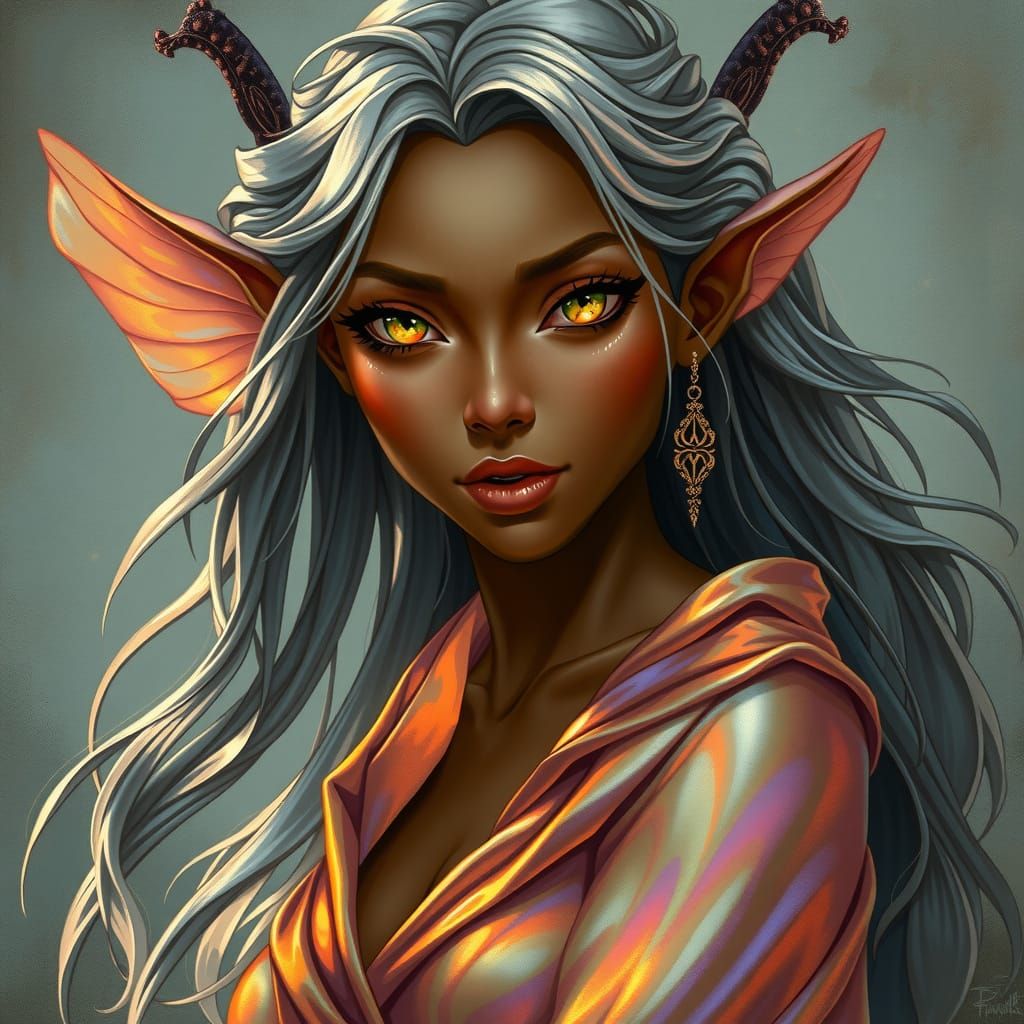 Ethereal Fae Maiden with Glowing Eyes and Iridescent Garment