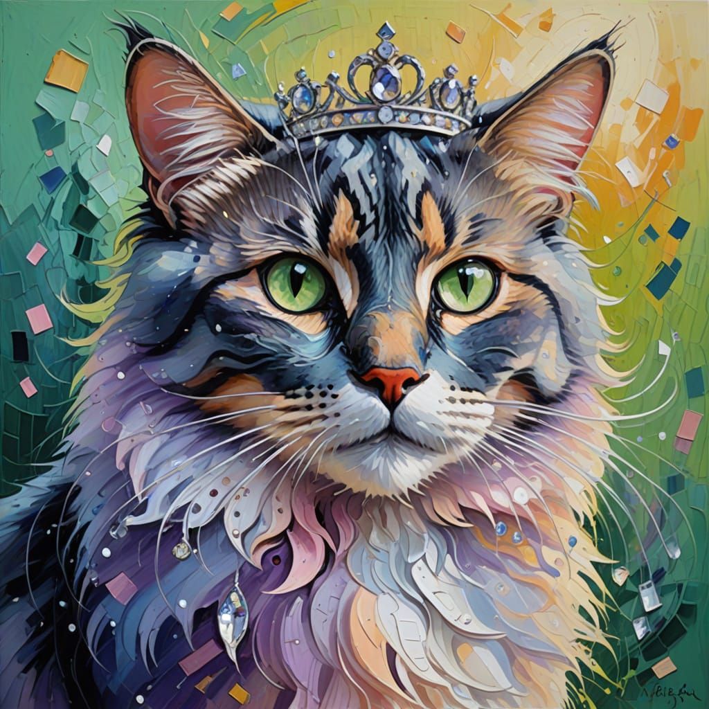 Regal Calico Cat in Vibrant Neo-Impressionist Masterpiece