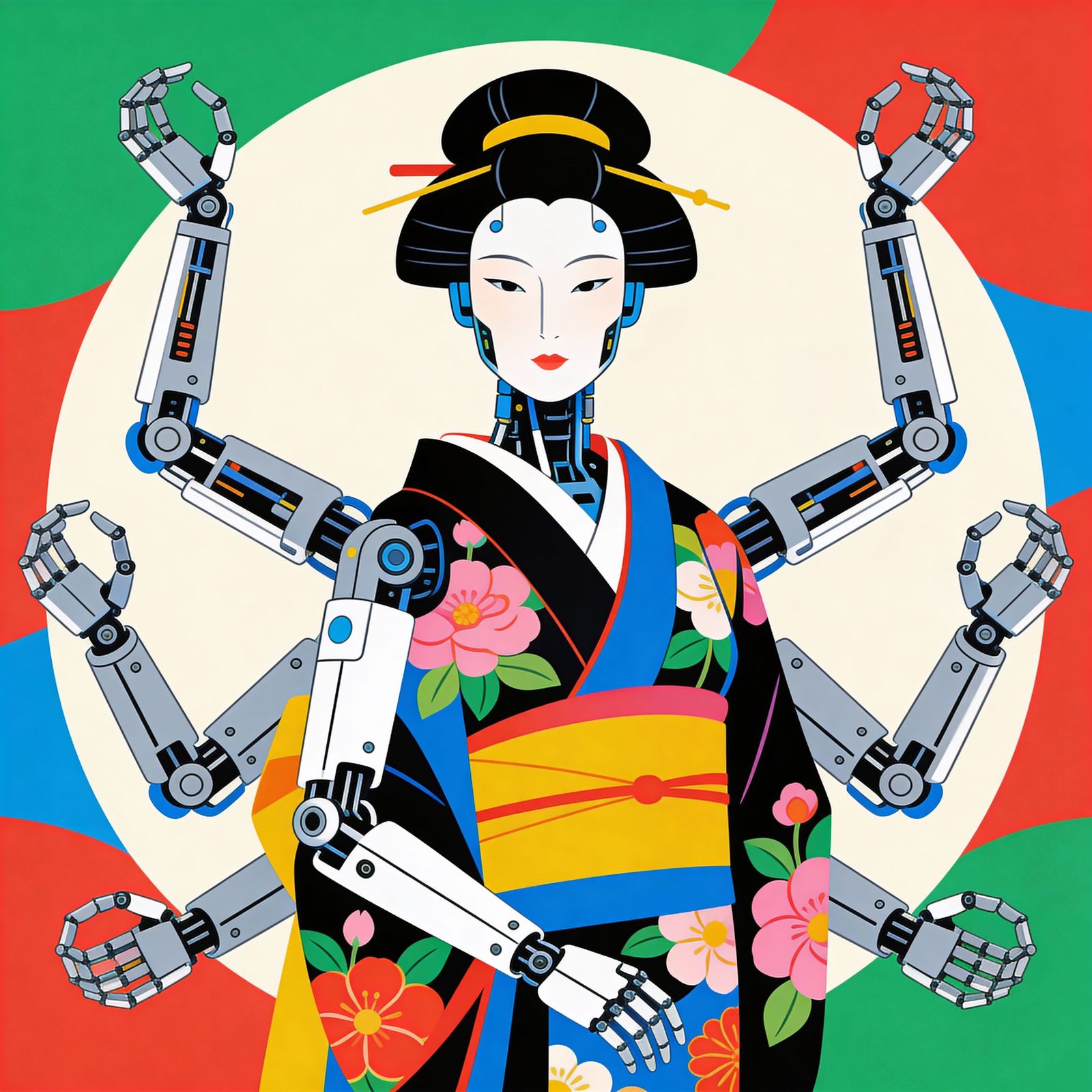 Robot Geisha in Floral Kimono, Flat Vector Art Style