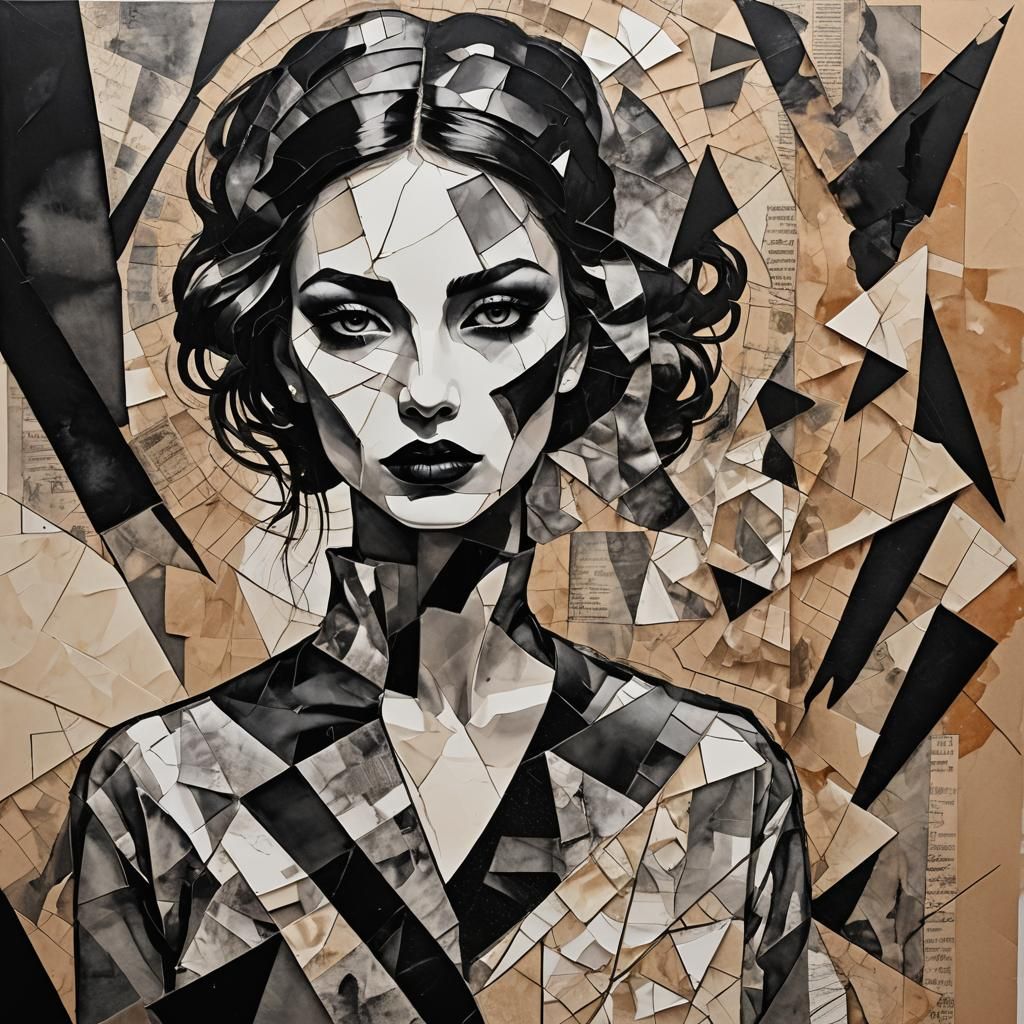 Abstract Cubist Portrait in Cracked Paper Style