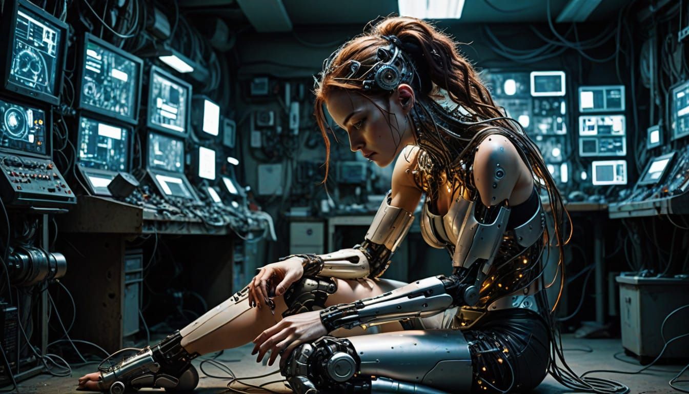 Cyborg Goddess in Futuristic Workshop
