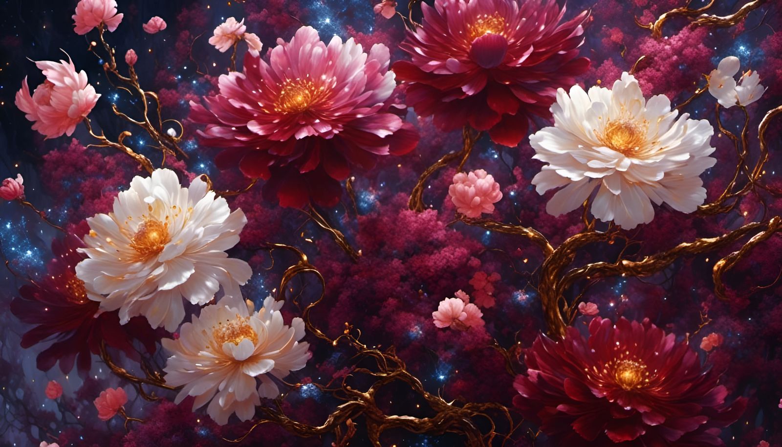 Glittering Maroon Flowers with Fairy Lights