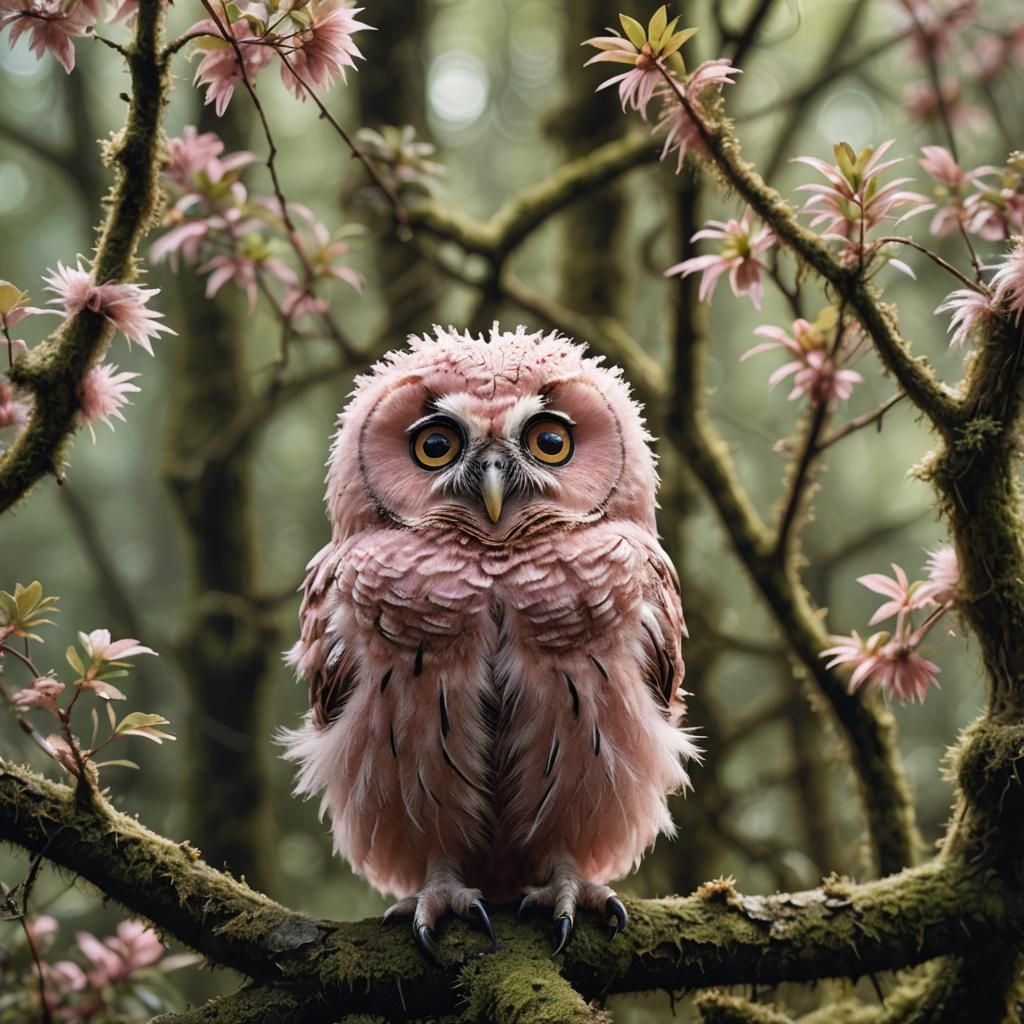 Pink Owl Perched on Mossy Branch