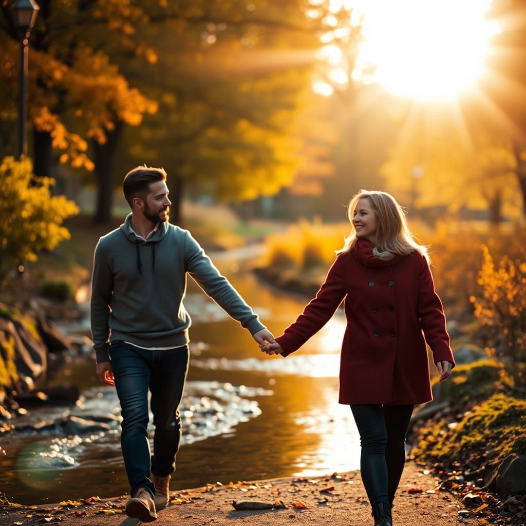 Romantic Autumn Couple by Stream in Fall Foliage