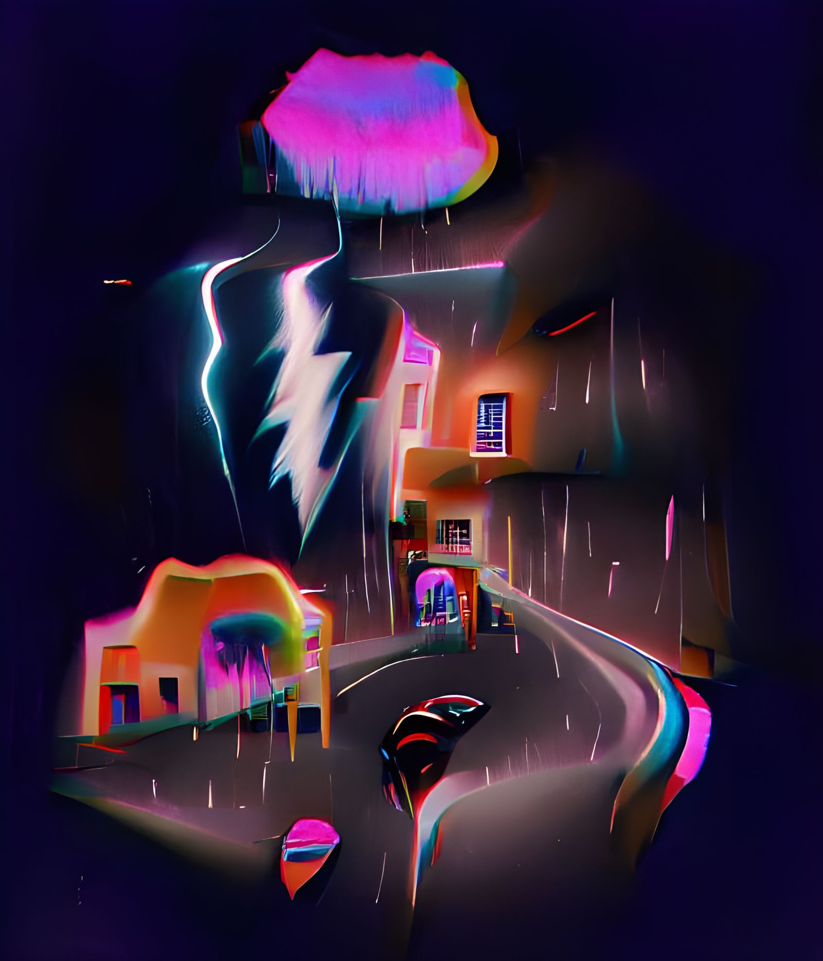 Neon Psychedelic Thunderstorm Over Empty Street