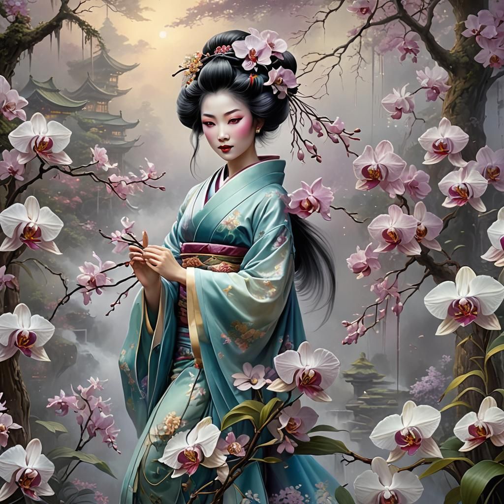 Ethereal Geisha with Orchids in Fantasy Landscape
