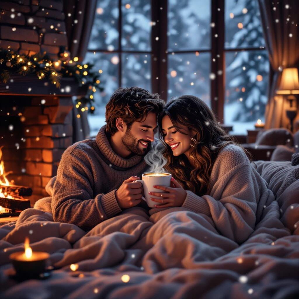 Cozy Lovers Sharing Cocoa by Fireplace, Photorealistic Art