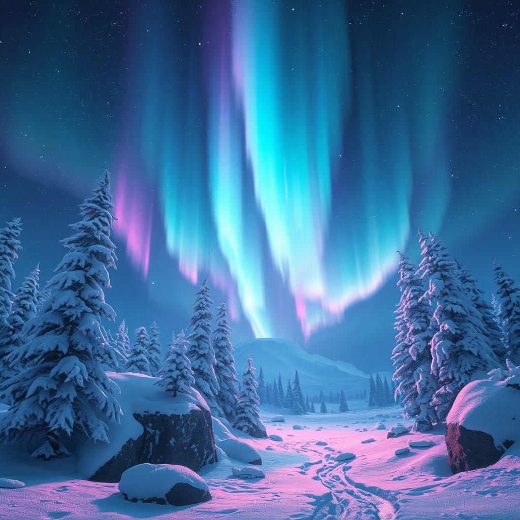 Enchanted Aurora Unfolds in Snowy Wonderland