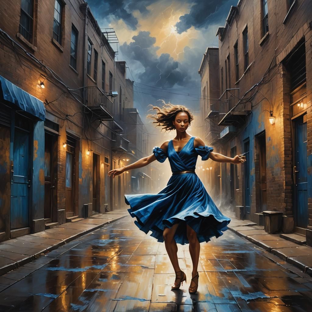 Lone Dancer in Stormy Alleyway: Cinematic Oil Painting