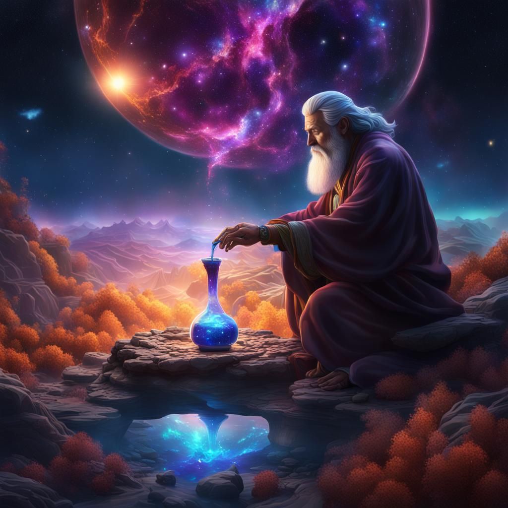 a tall strong handsome and wise man pouring an elixir of starlight fluid onto a new galaxy floating in spirit and creati...