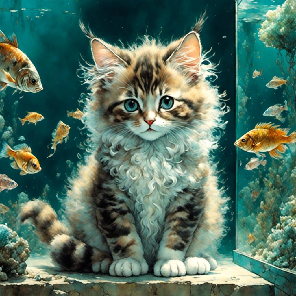 Fluffy Kitten Gazing at a Fish Tank