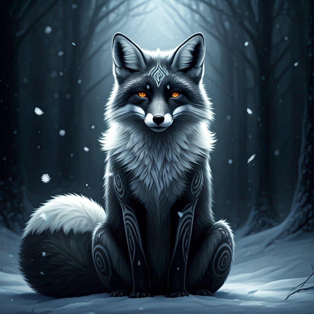 Majestic Black-and-White Fox in Snowy Forest with Celtic Tri...