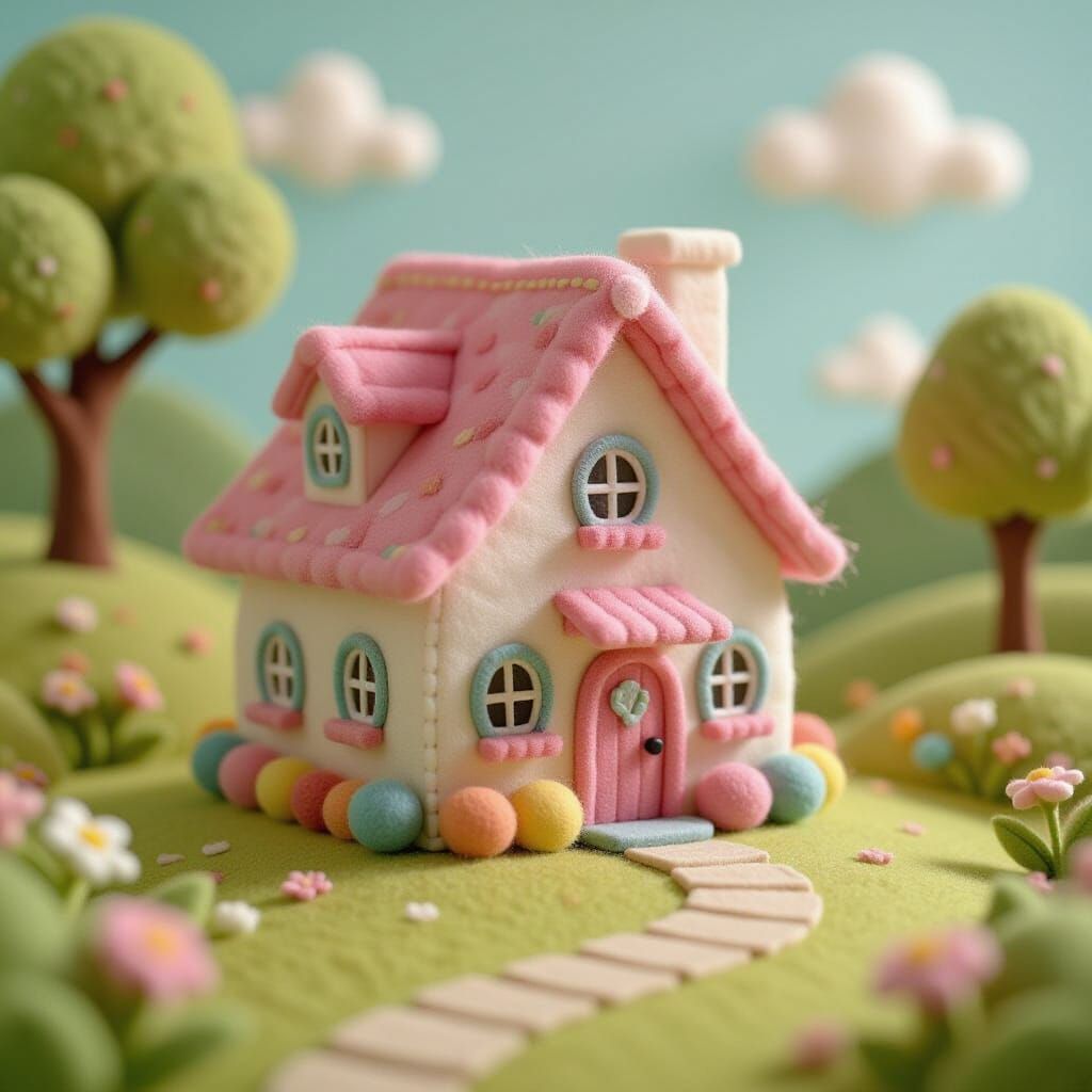 Whimsical Felt House in Enchanted Landscape