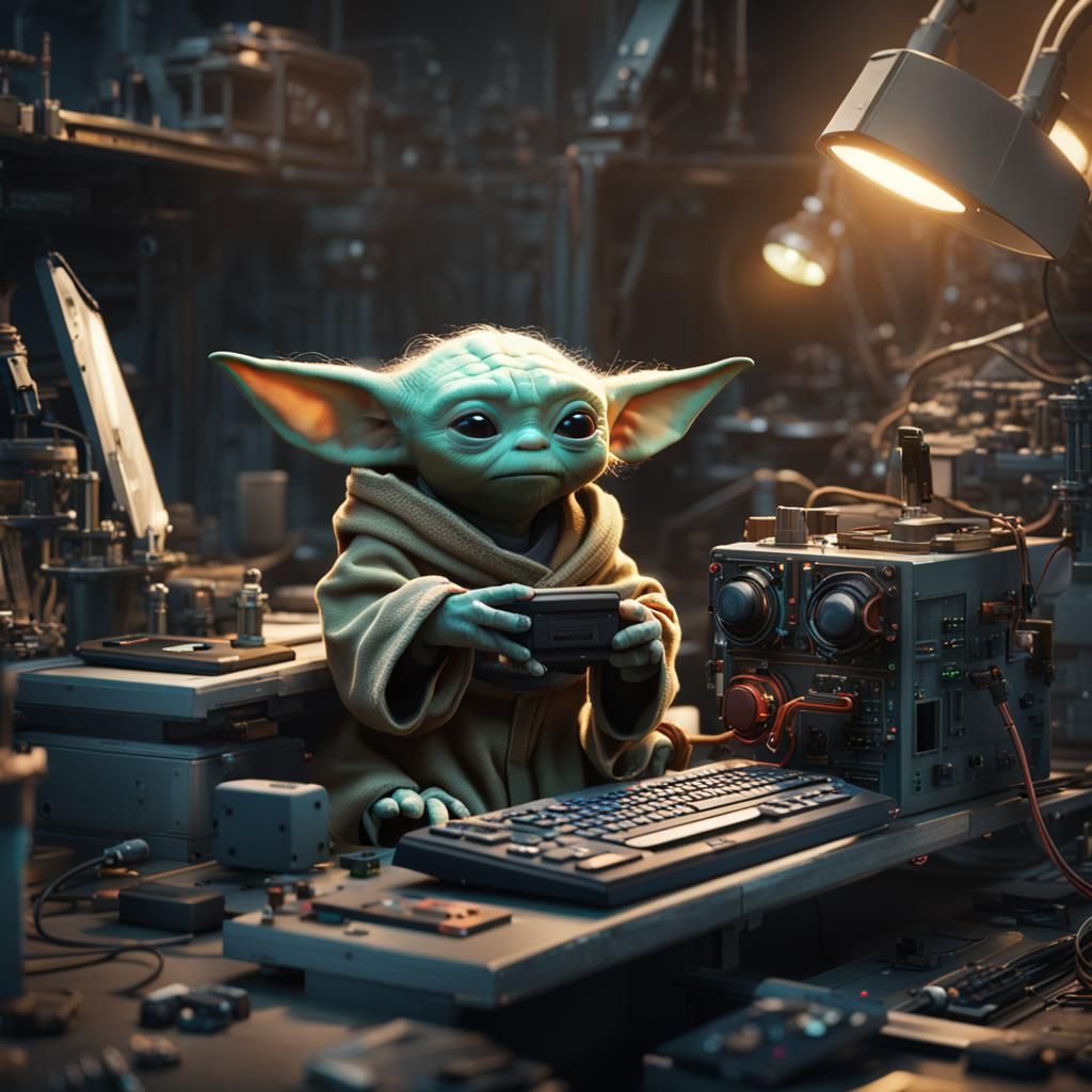 Baby Yoda: Detailed Matte Painting of Computer Repair