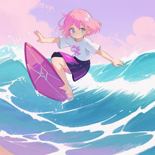Girl with Pink Hair Surfing: Abstract Art