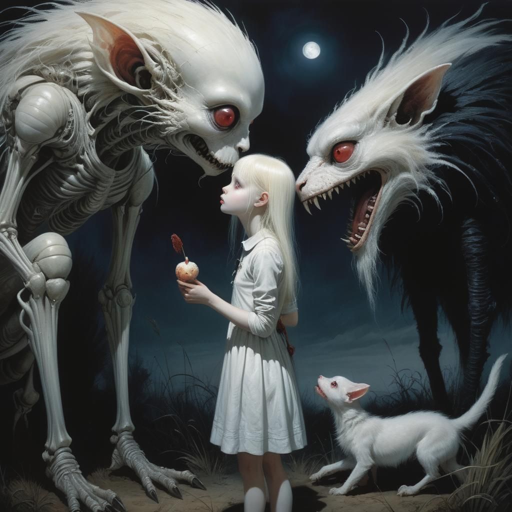 Eerie Albino Girl Feeds Beast Under Moonlight