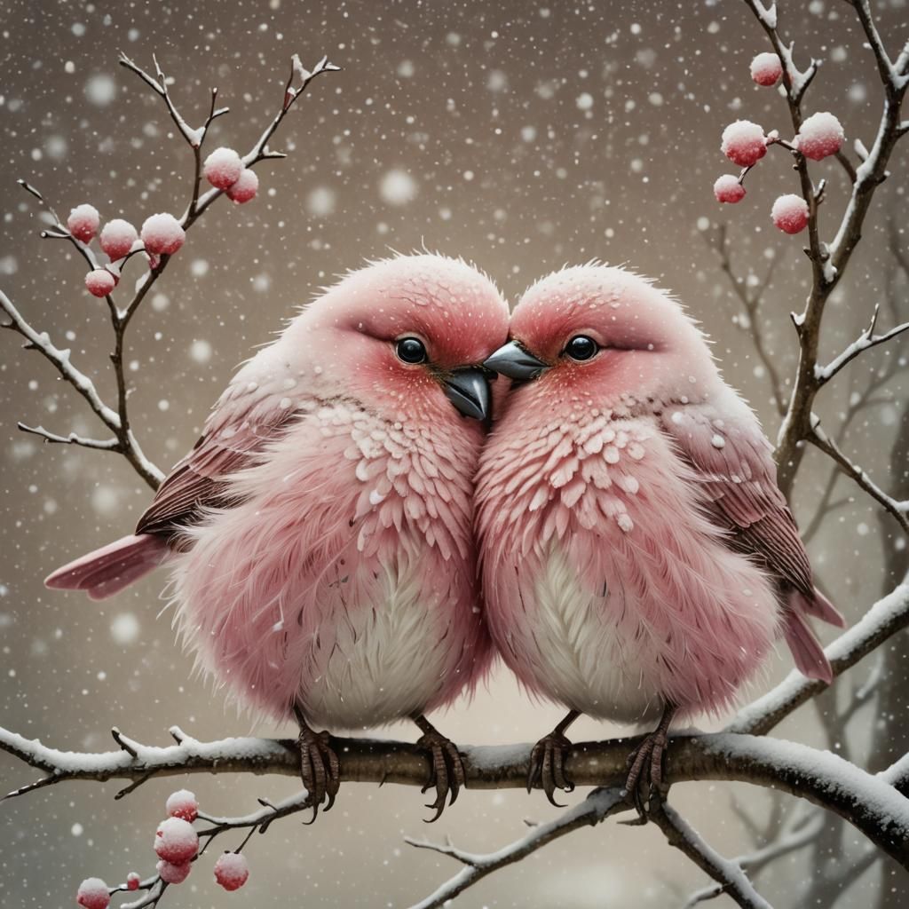 Pink birds in the snow