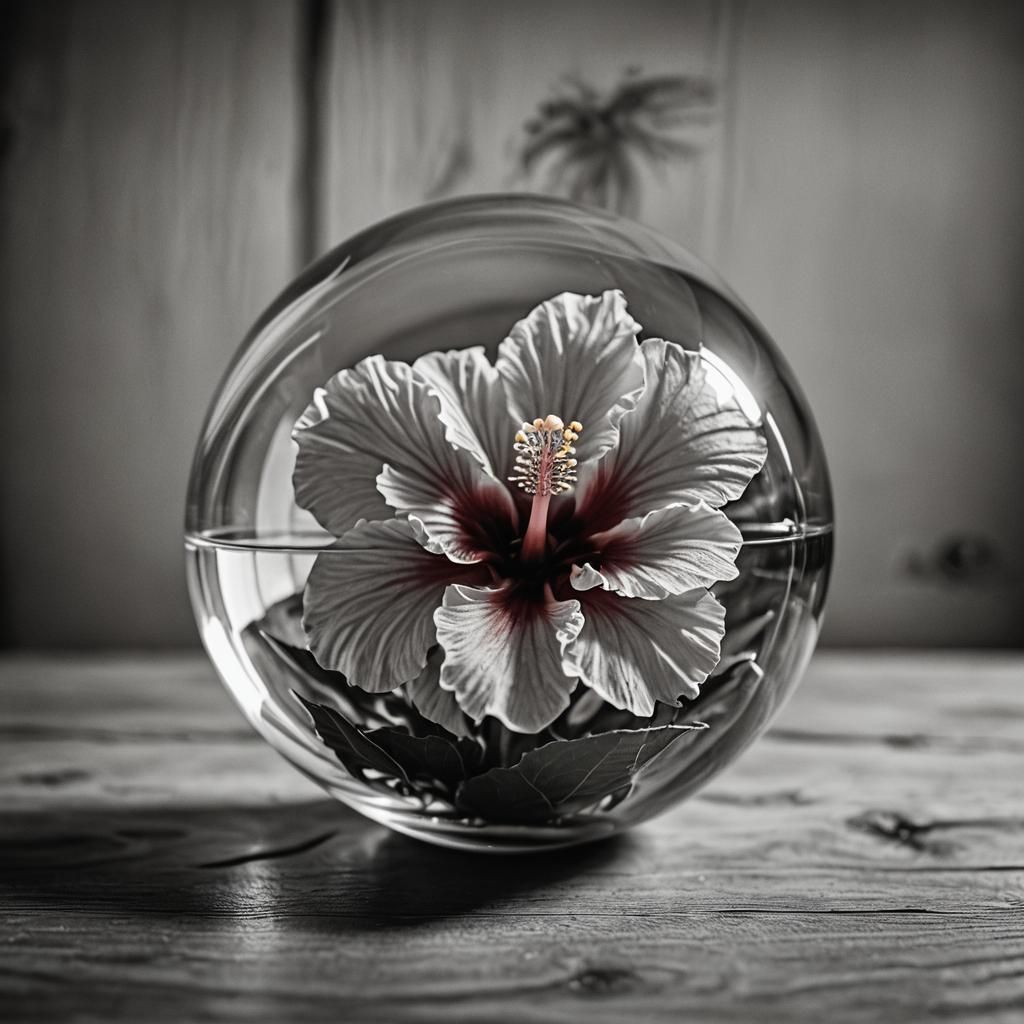 Hibiscus in Glass Orb: Coloring Book Style