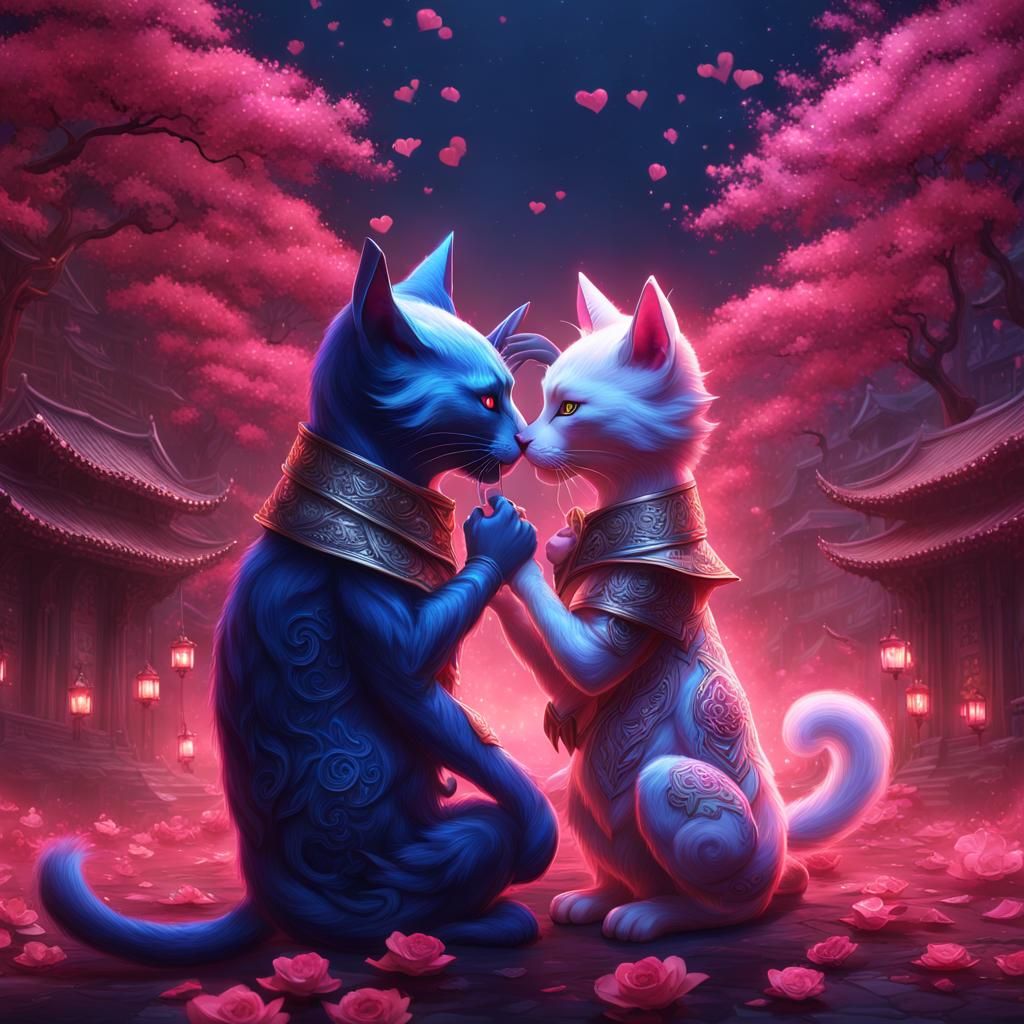 Passionate Cat-Men Embrace in Fiery Rose Garden