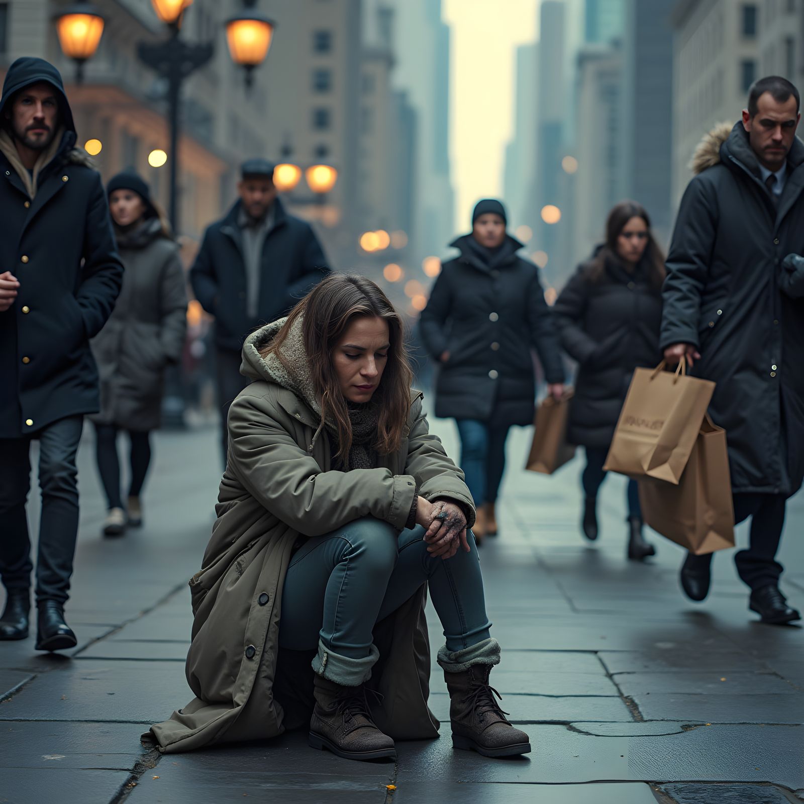 Begging Woman on Sidewalk with New Year's Bags