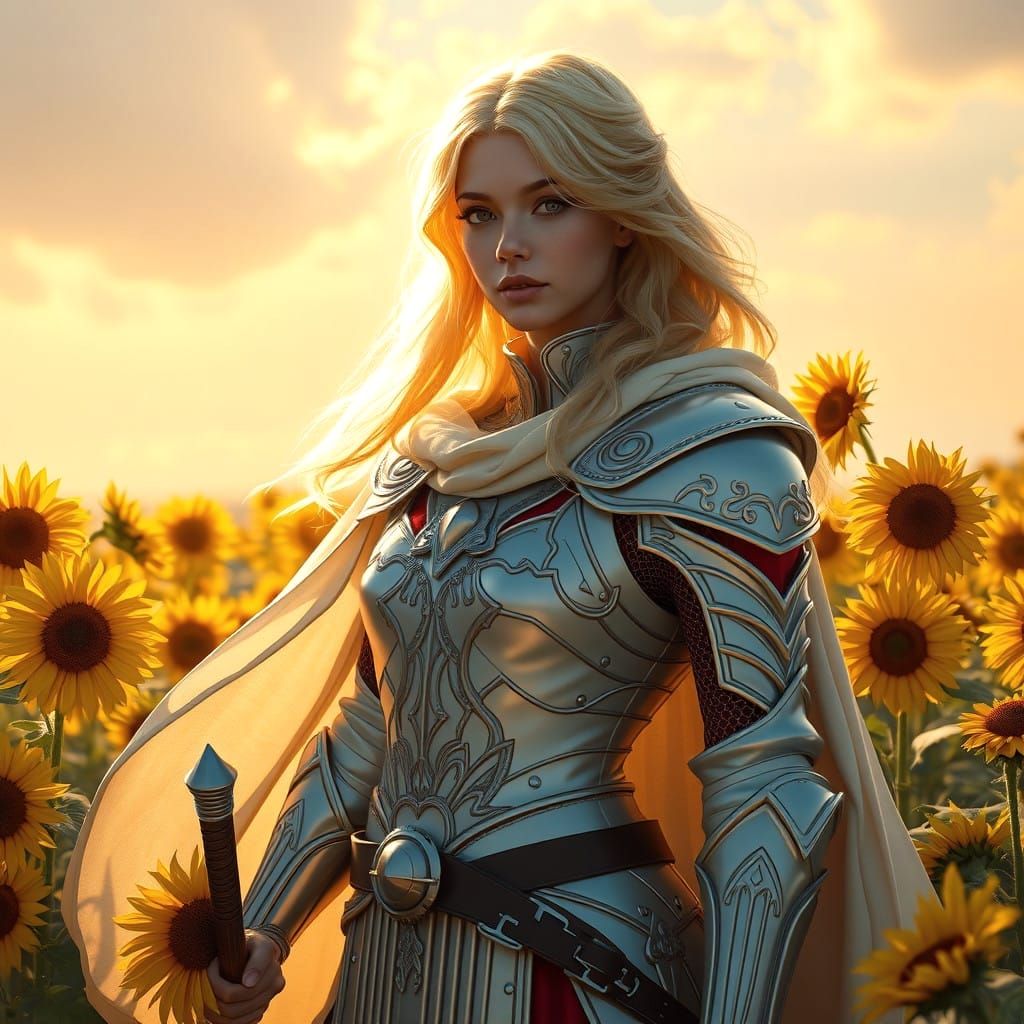 Cyberpunk Female Knight in Sunflower Field