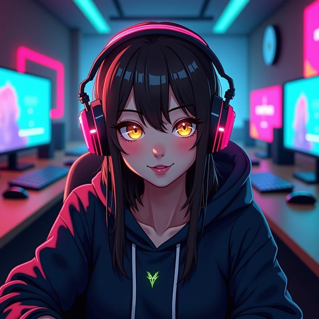 Brunette Gamer Girl in Neon Cyberpunk Cafe