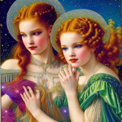 Celestial Witches in Renaissance Oil Painting Style